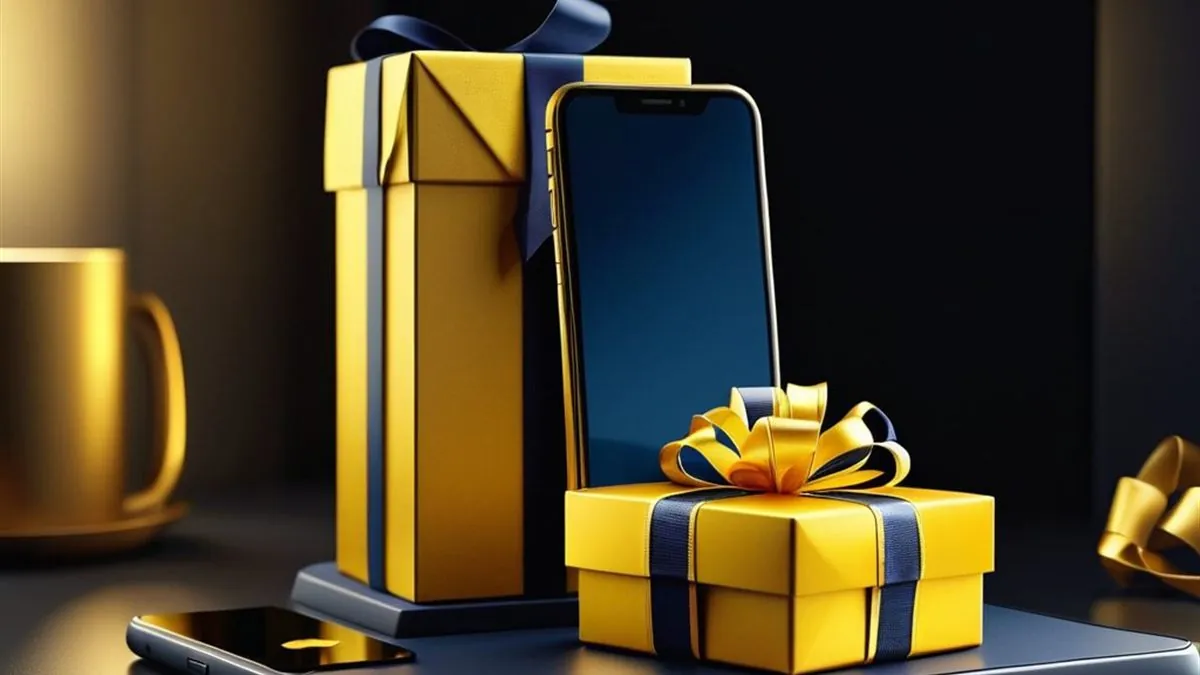 Celular junto a cajas de regalo amarillas con moños azules sobre un escritorio