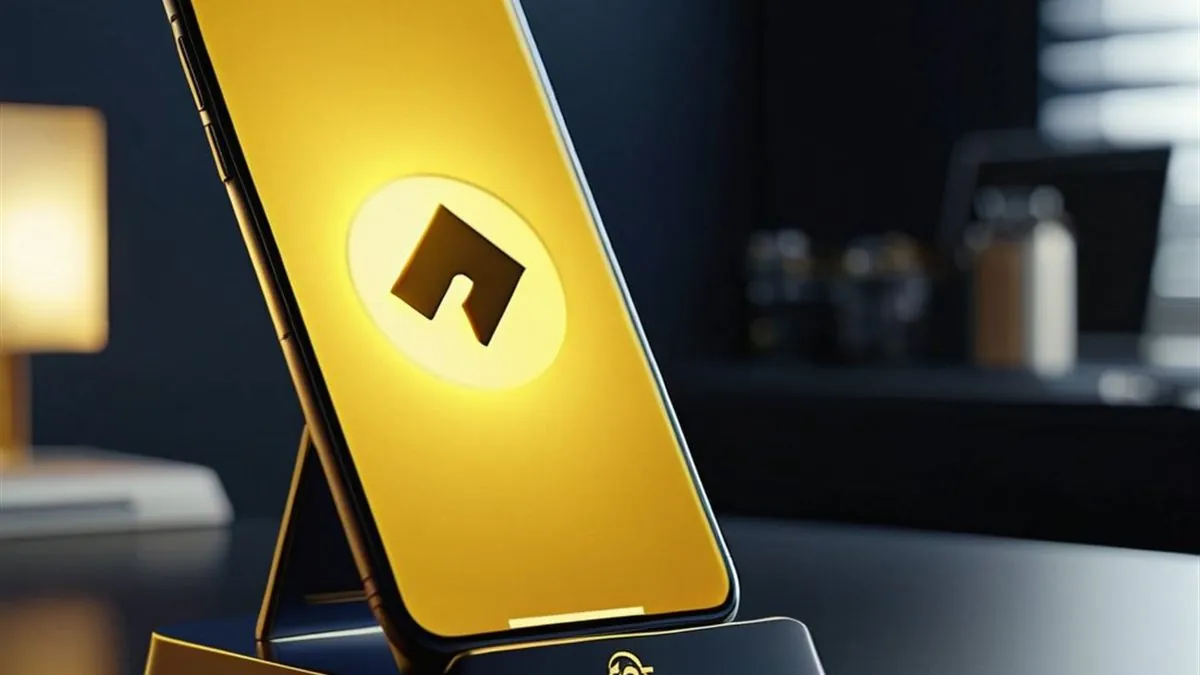 Celular amarillo en un soporte con un icono oscuro luminoso en la pantalla